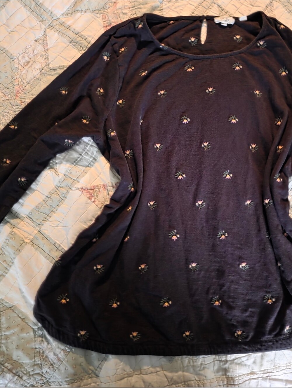Fat Face Black 3/4 Sleeve Tee with Small Floral Embroidery